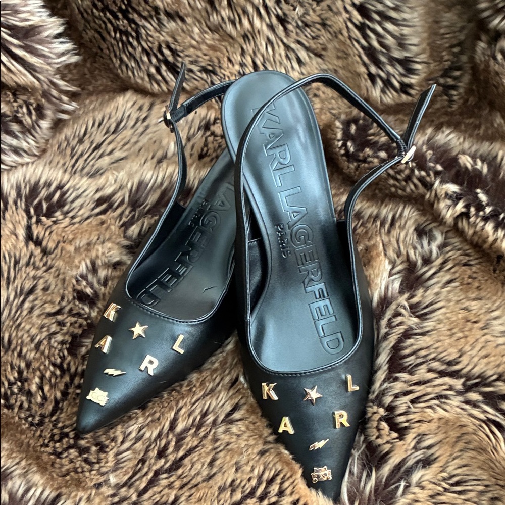 NWOT Karl Lagerfeld Black Heels with Gold Logo  Accents